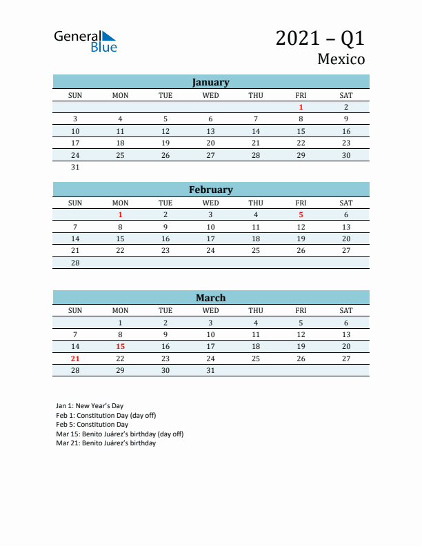 Three-Month Planner for Q1 2021 with Holidays - Mexico