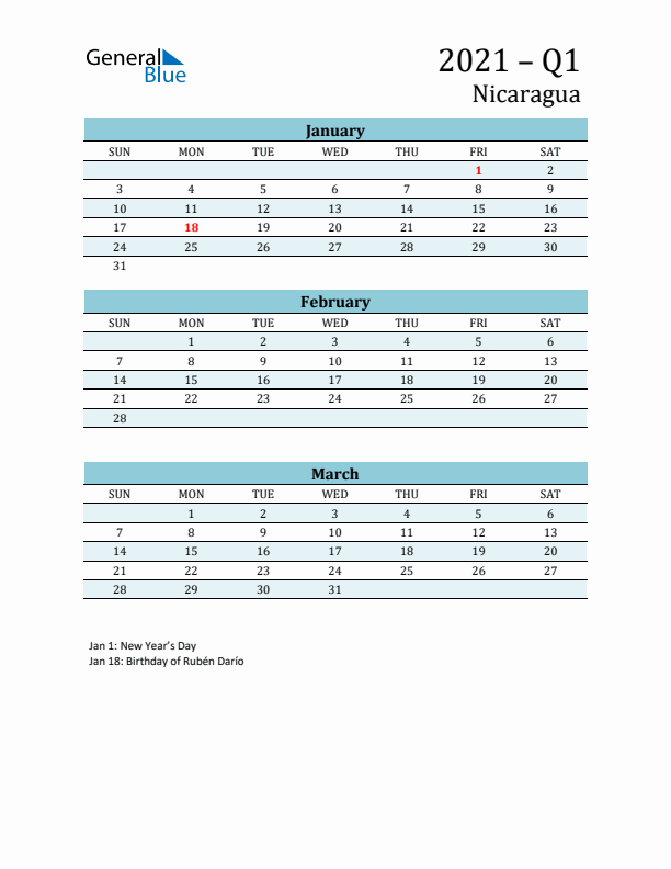 Three-Month Planner for Q1 2021 with Holidays - Nicaragua