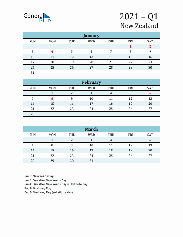 Three-Month Planner for Q1 2021 with Holidays - New Zealand