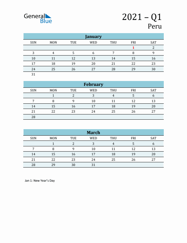 Three-Month Planner for Q1 2021 with Holidays - Peru