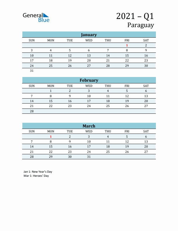 Three-Month Planner for Q1 2021 with Holidays - Paraguay