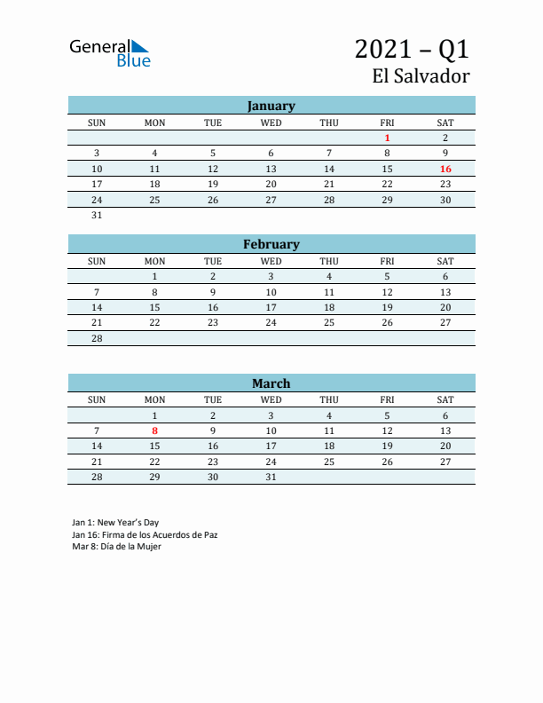 Three-Month Planner for Q1 2021 with Holidays - El Salvador