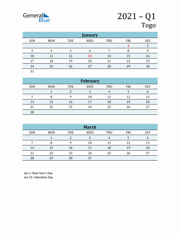 Three-Month Planner for Q1 2021 with Holidays - Togo