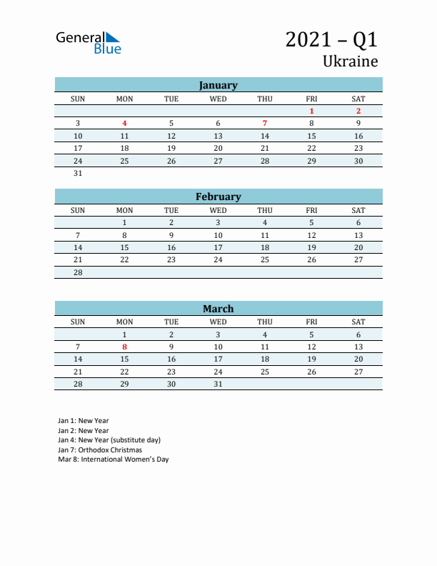Three-Month Planner for Q1 2021 with Holidays - Ukraine