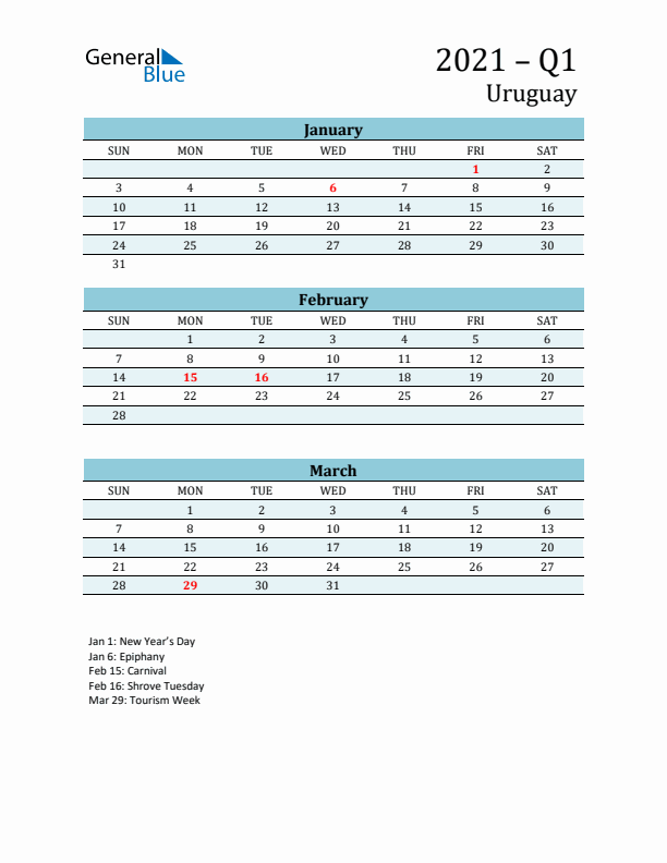 Three-Month Planner for Q1 2021 with Holidays - Uruguay