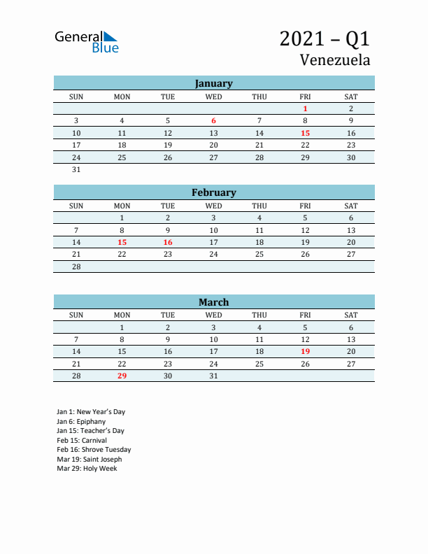 Three-Month Planner for Q1 2021 with Holidays - Venezuela