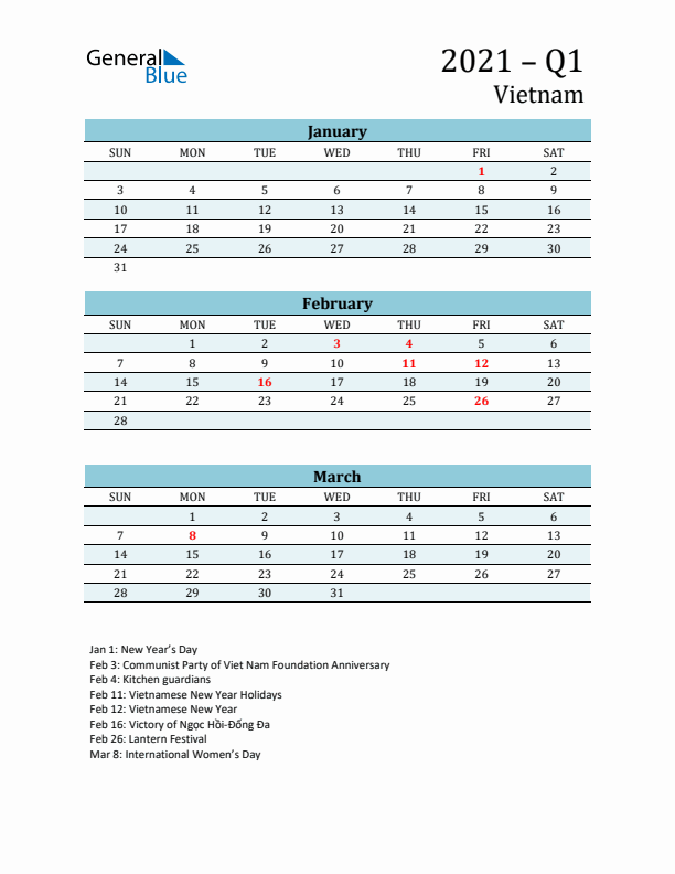 Three-Month Planner for Q1 2021 with Holidays - Vietnam