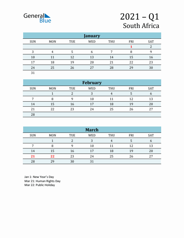 Three-Month Planner for Q1 2021 with Holidays - South Africa