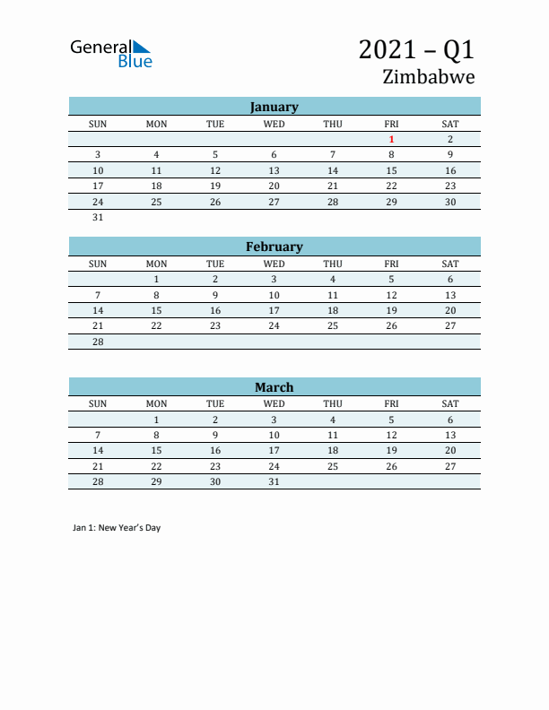 Three-Month Planner for Q1 2021 with Holidays - Zimbabwe