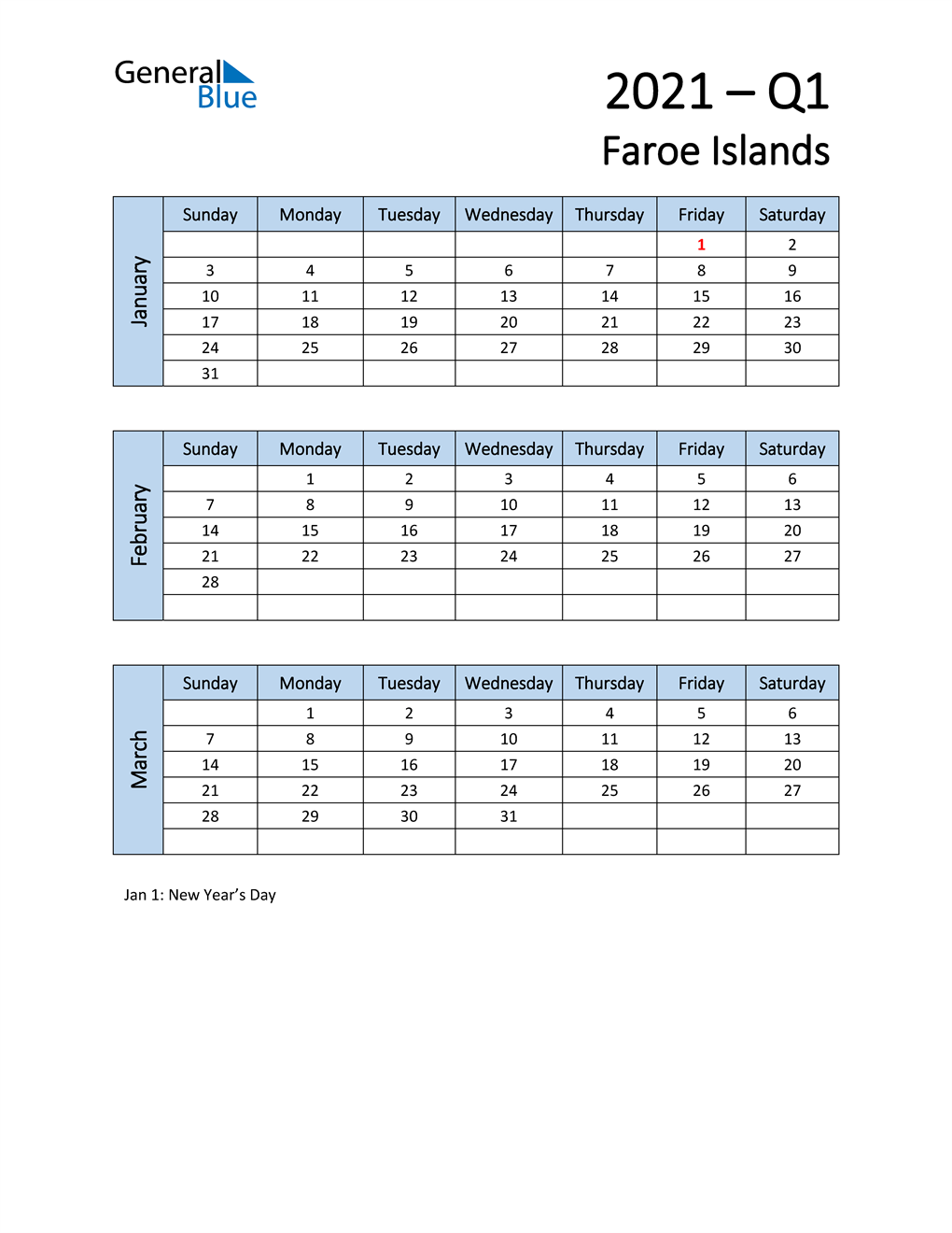  Free Q1 2021 Calendar for Faroe Islands