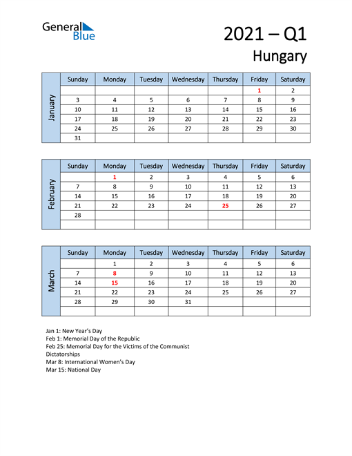 Free Q1 2021 Calendar for Hungary