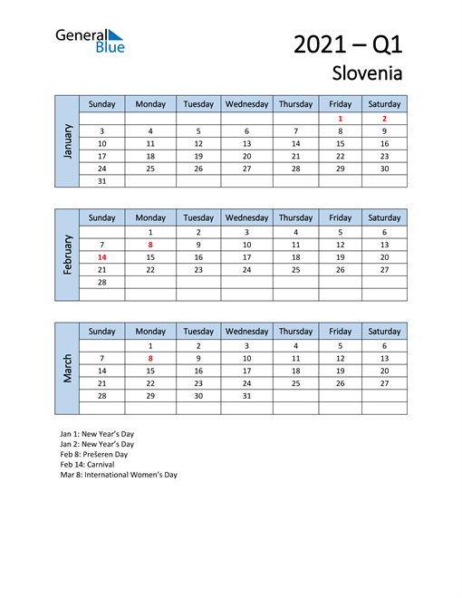  Free Q1 2021 Calendar for Slovenia