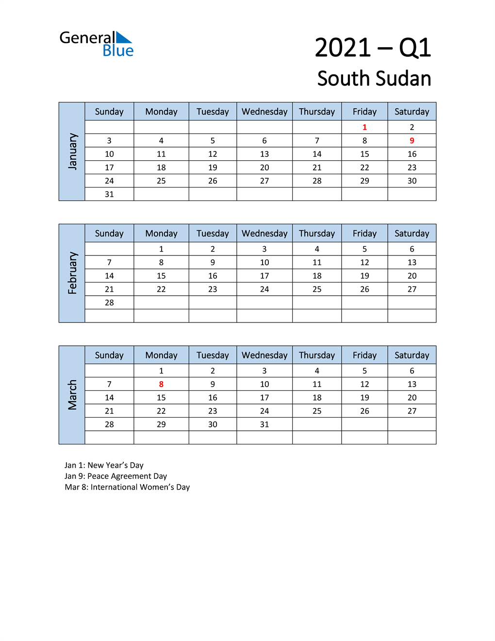  Free Q1 2021 Calendar for South Sudan