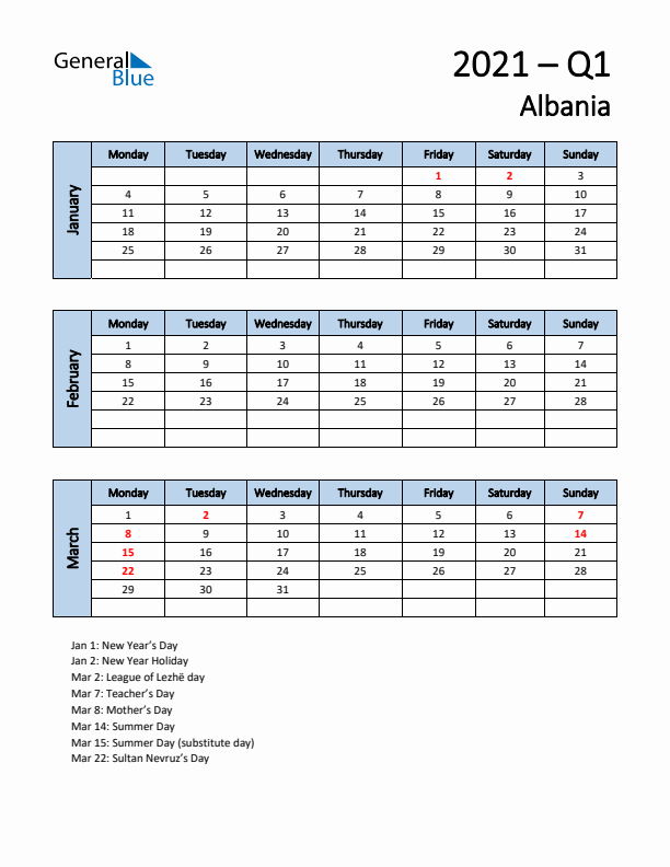 Free Q1 2021 Calendar for Albania - Monday Start