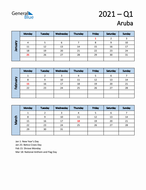 Free Q1 2021 Calendar for Aruba - Monday Start