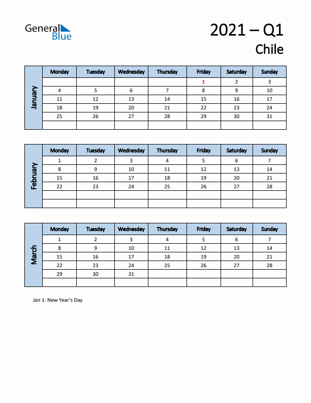Free Q1 2021 Calendar for Chile - Monday Start