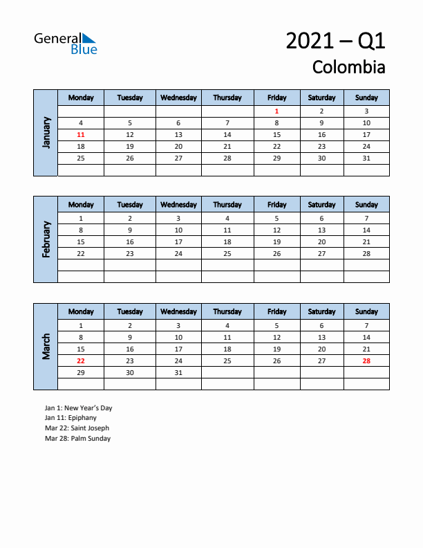 Free Q1 2021 Calendar for Colombia - Monday Start