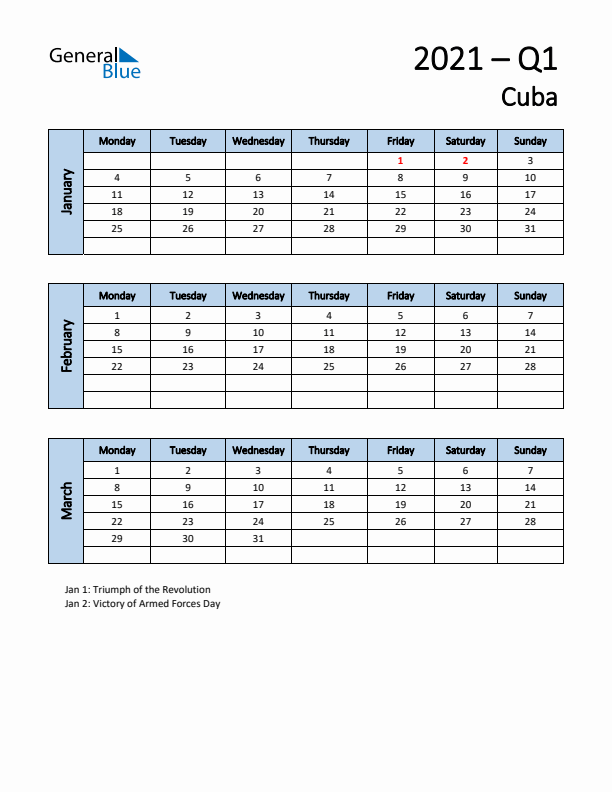 Free Q1 2021 Calendar for Cuba - Monday Start