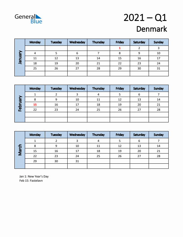 Free Q1 2021 Calendar for Denmark - Monday Start
