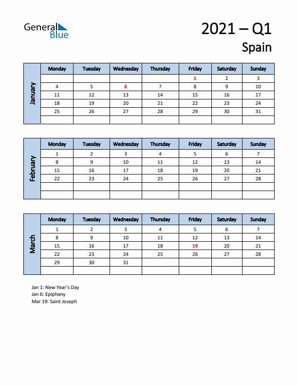 Free Q1 2021 Calendar for Spain - Monday Start