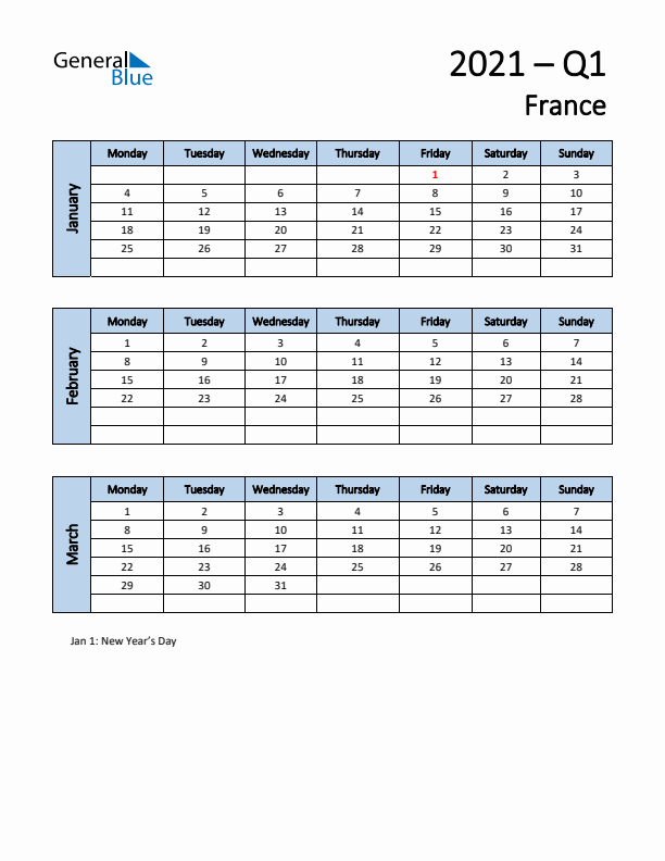 Free Q1 2021 Calendar for France - Monday Start