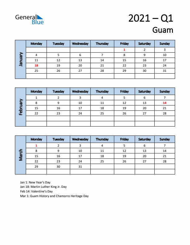 Free Q1 2021 Calendar for Guam - Monday Start