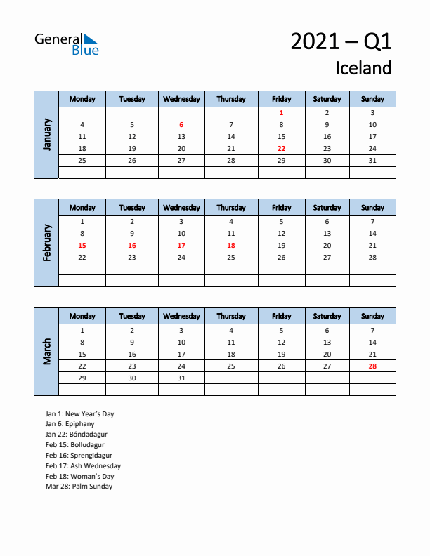 Free Q1 2021 Calendar for Iceland - Monday Start