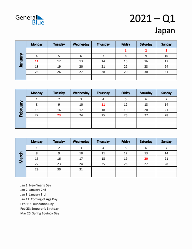 Free Q1 2021 Calendar for Japan - Monday Start