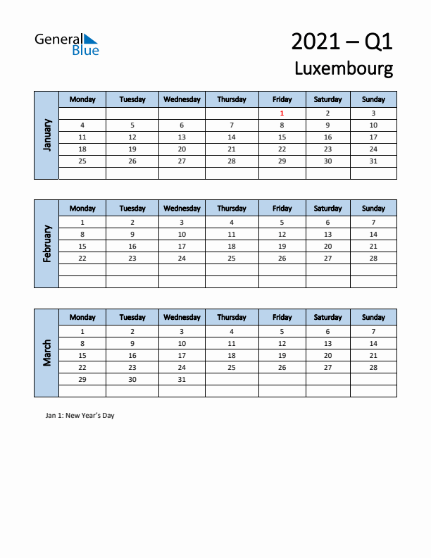 Free Q1 2021 Calendar for Luxembourg - Monday Start