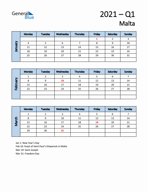 Free Q1 2021 Calendar for Malta - Monday Start
