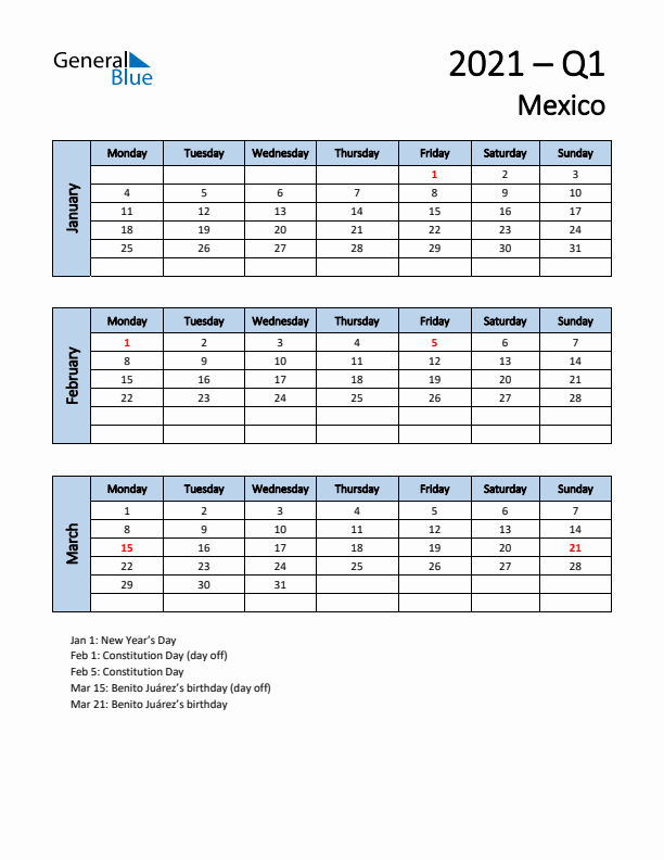 Free Q1 2021 Calendar for Mexico - Monday Start