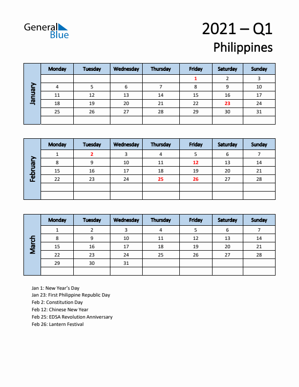 Free Q1 2021 Calendar for Philippines - Monday Start