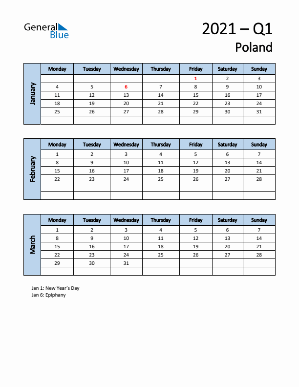 Free Q1 2021 Calendar for Poland - Monday Start