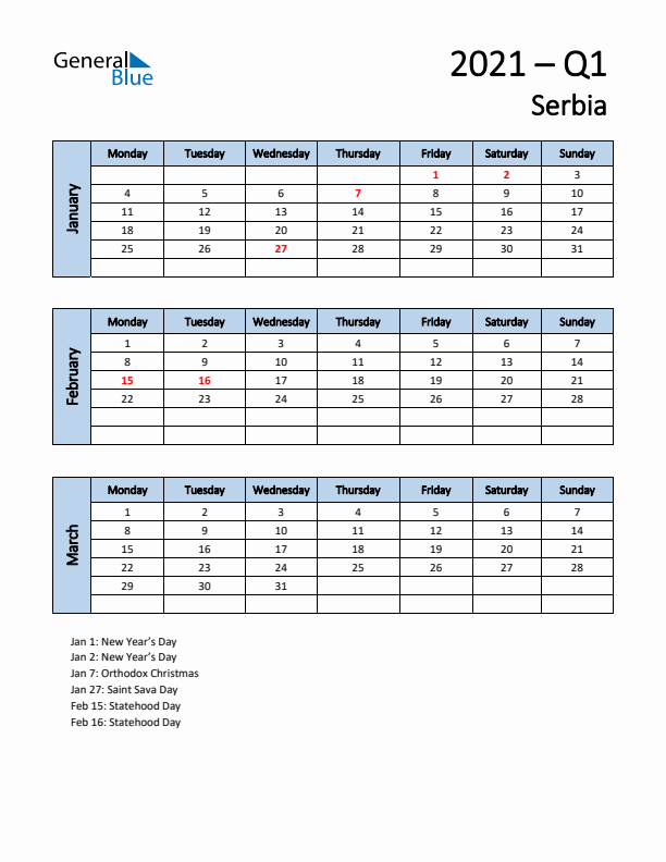 Free Q1 2021 Calendar for Serbia - Monday Start