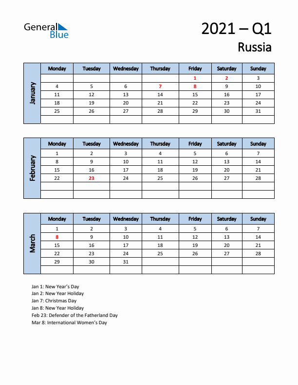 Free Q1 2021 Calendar for Russia - Monday Start