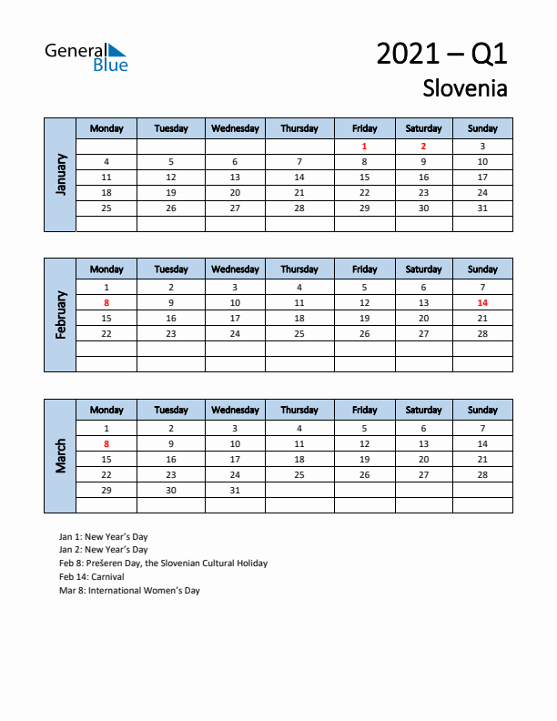 Free Q1 2021 Calendar for Slovenia - Monday Start
