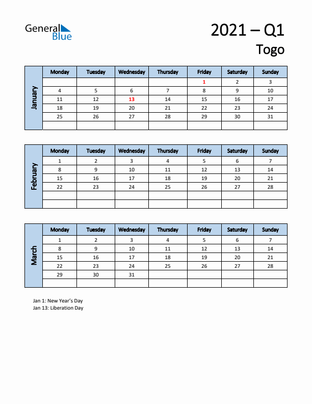 Free Q1 2021 Calendar for Togo - Monday Start