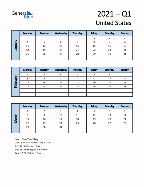 Free Q1 2021 Calendar for United States - Monday Start