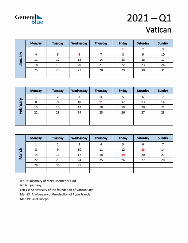 Free Q1 2021 Calendar for Vatican - Monday Start