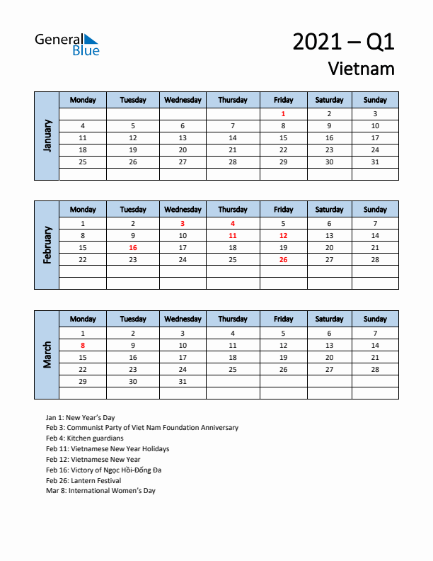 Free Q1 2021 Calendar for Vietnam - Monday Start