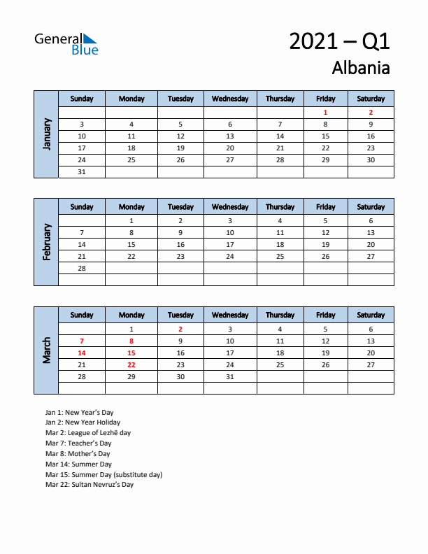 Free Q1 2021 Calendar for Albania - Sunday Start