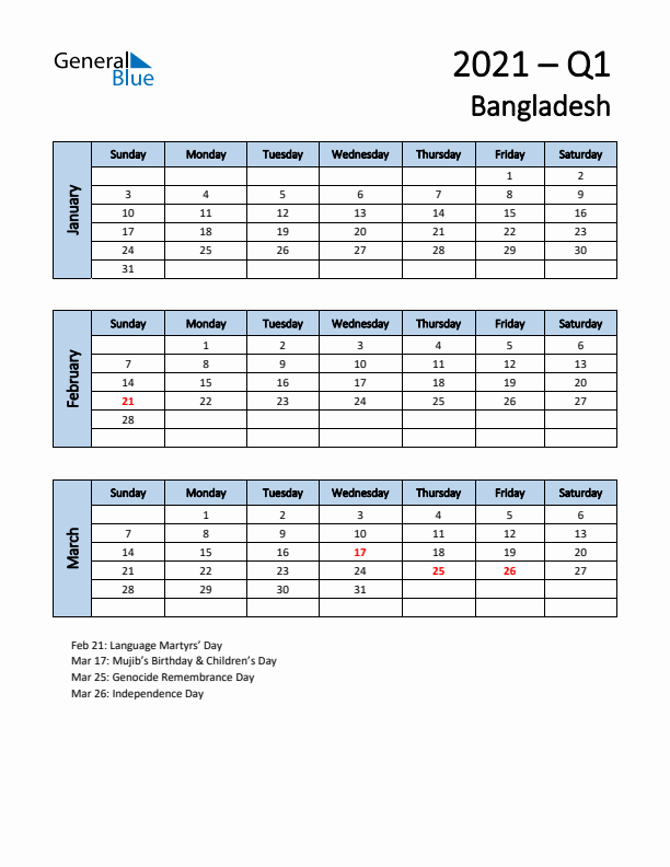 Free Q1 2021 Calendar for Bangladesh - Sunday Start