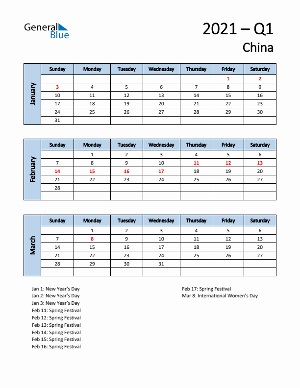 Free Q1 2021 Calendar for China - Sunday Start