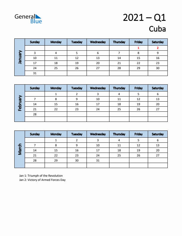 Free Q1 2021 Calendar for Cuba - Sunday Start
