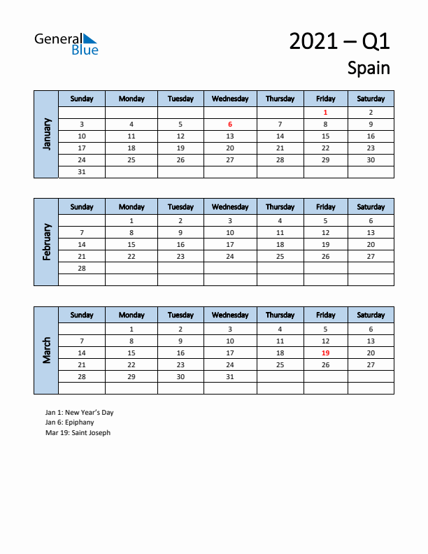 Free Q1 2021 Calendar for Spain - Sunday Start