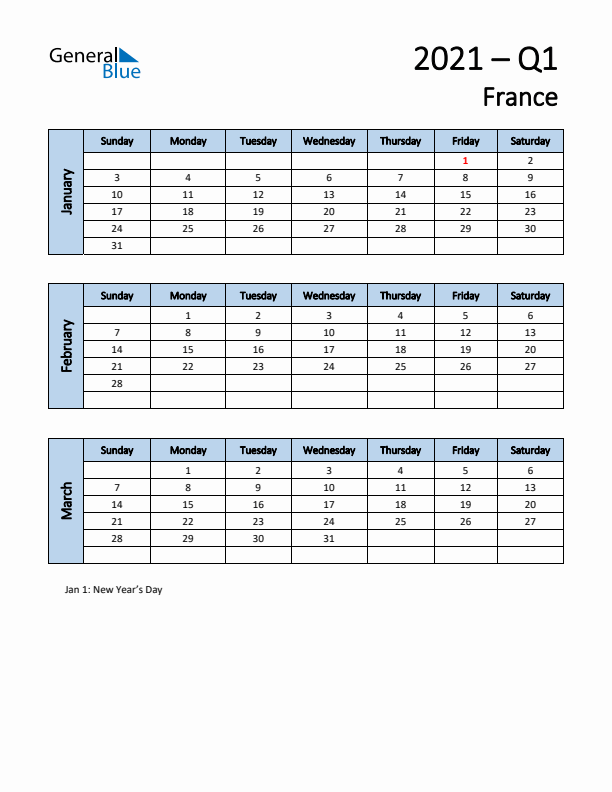 Free Q1 2021 Calendar for France - Sunday Start
