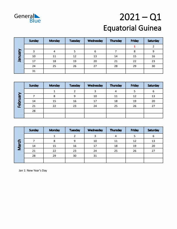 Free Q1 2021 Calendar for Equatorial Guinea - Sunday Start