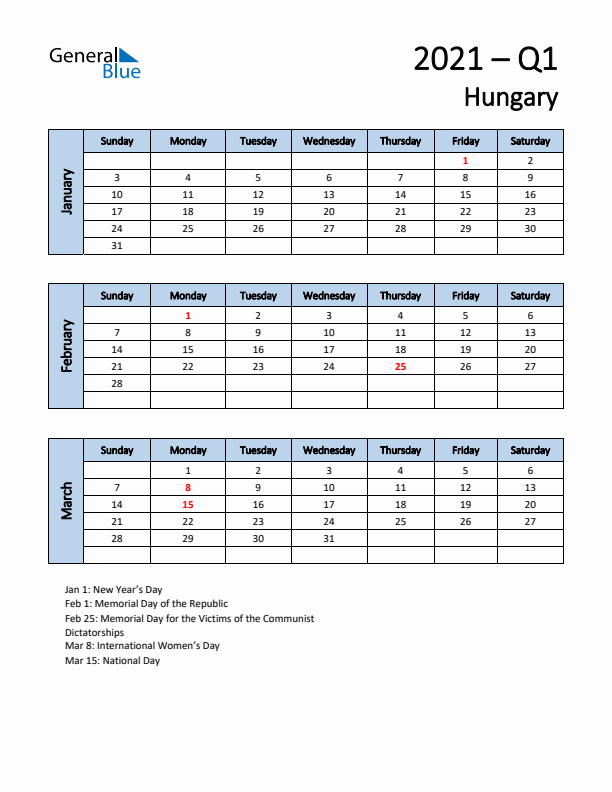 Free Q1 2021 Calendar for Hungary - Sunday Start