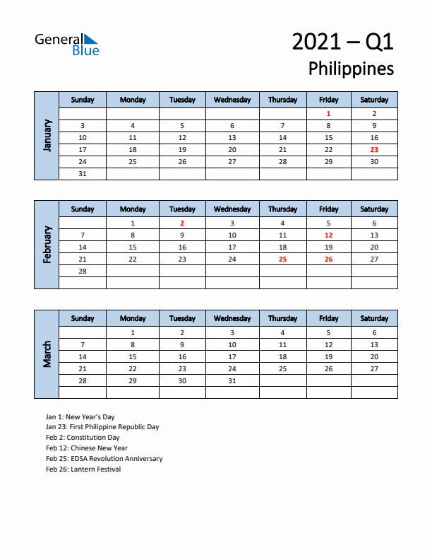 Free Q1 2021 Calendar for Philippines - Sunday Start