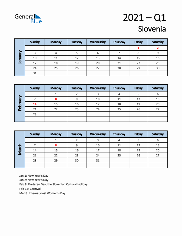 Free Q1 2021 Calendar for Slovenia - Sunday Start